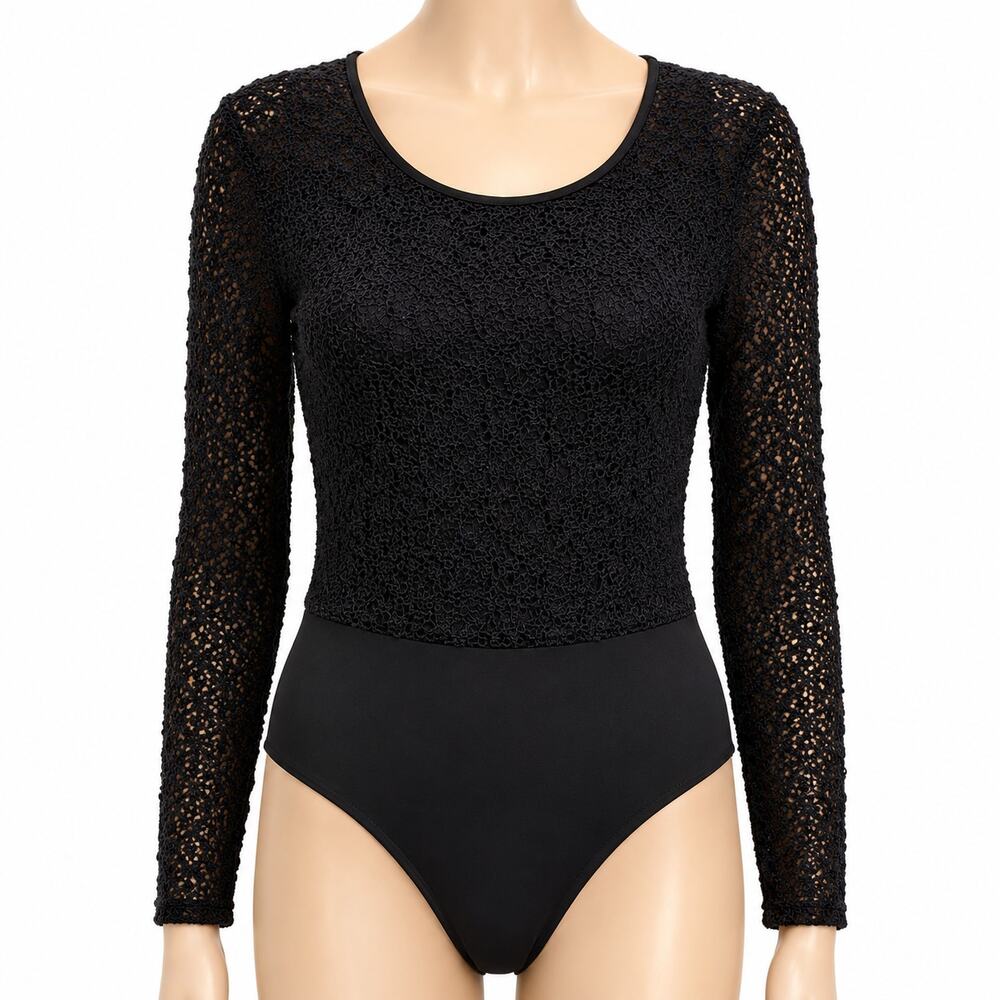 Vintage Ann Taylor Black Lace Bodysuit Women's Medium M Long Sleeve Sheer Lined